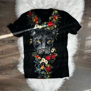 ZARA Vintage Black T-Shirt Graphic Panther Floral Design S XS unisex